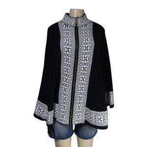 ANNE KLEIN PONCHO Cape Sweater Black Geometric Abstract Gold Lion Zipper L